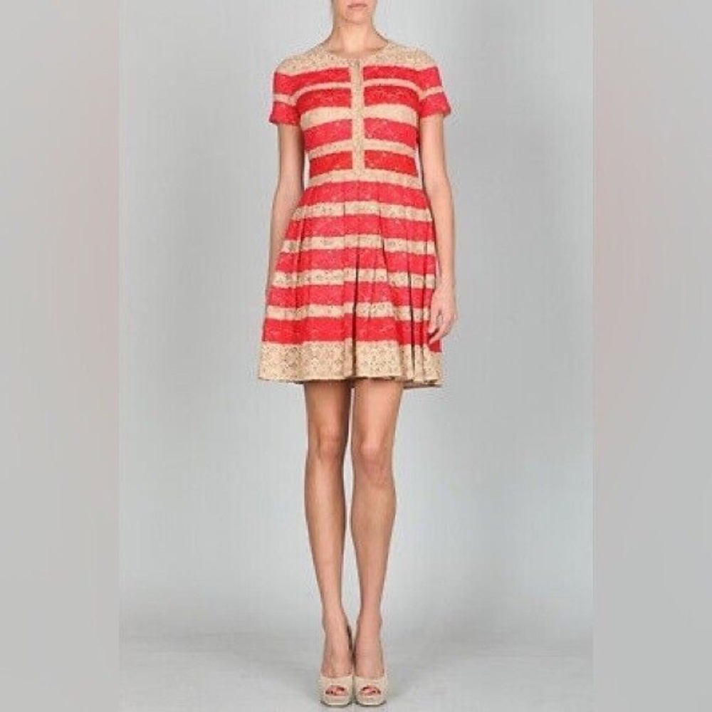 BCBG maxazria Tan Red Striped Dasen Mixed Lace Short Sleeve Shirt Dress NWT